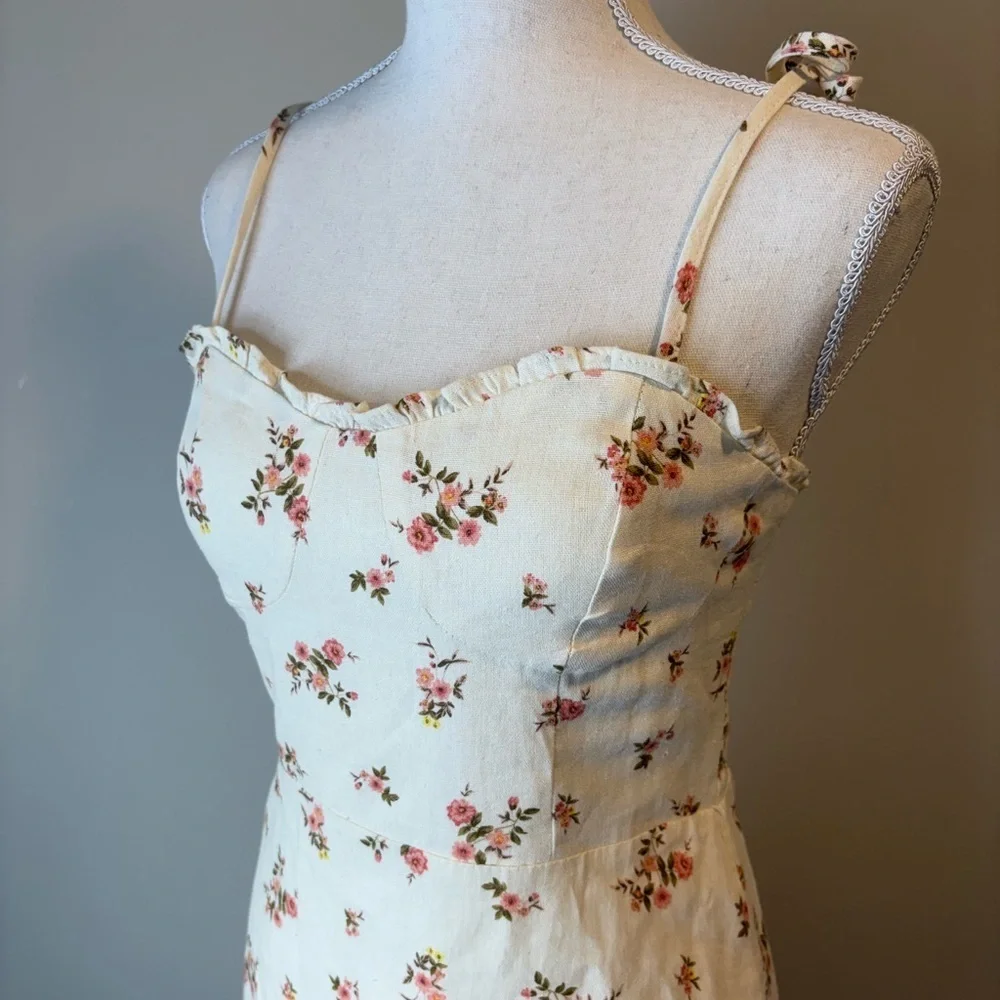 Mahina Cream Floral Linen-Blend Dress – Bustier Top, Smocked Back, Size Small - Picture 2 of 12